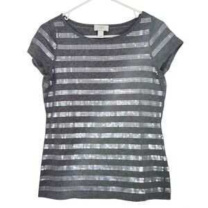 LOFT Grey Sequin Stripe Short Sleeve T‎ Shirt Top Women's Medium  E18